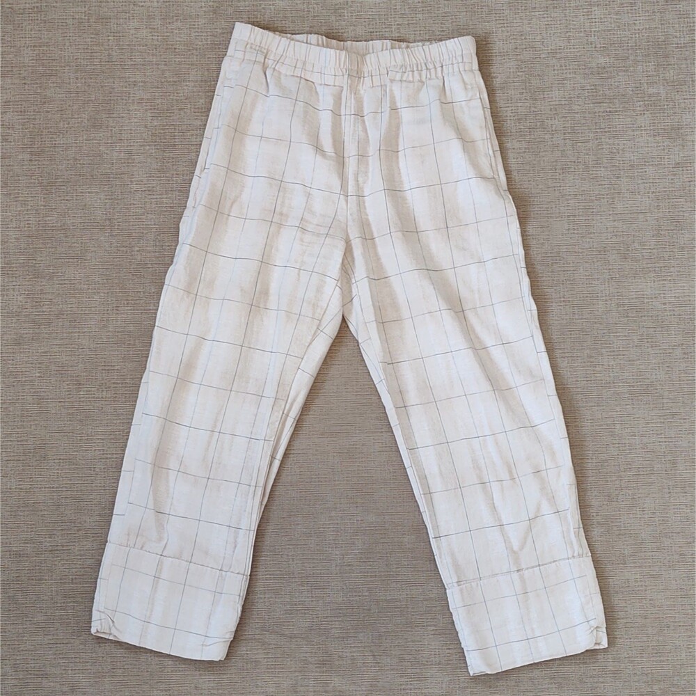 Zara Cotton Linen Natural Fibers Plaid Capri Pants Size Small Pockets Elastic